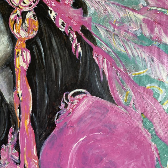 Pop Art Native American Portrait Painting Pink Feather Headdress Western Art Original Acrylic by Tatiana Duperault For Sale - Image 4 of 4