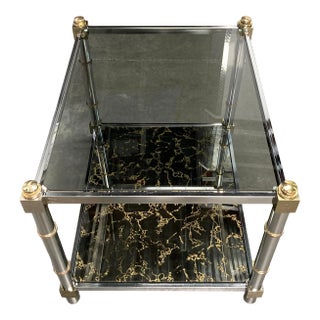 1980s Mid-Century Modern Chrome & Brass Tiered Glass End Table For Sale