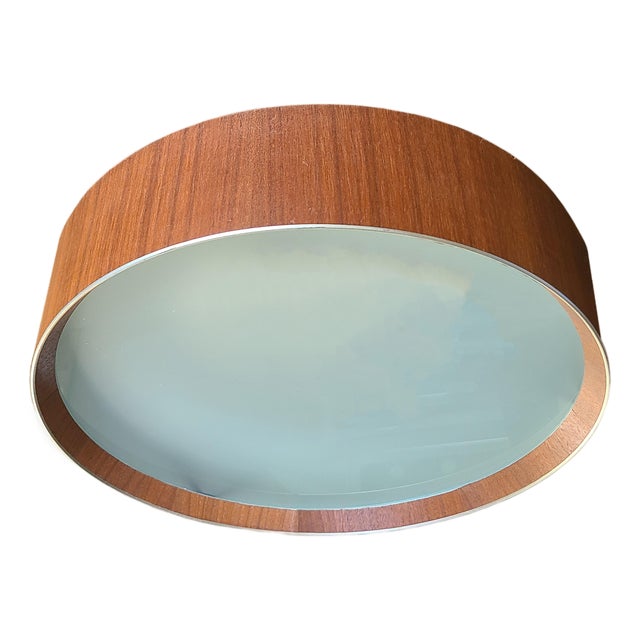 1950s Lightolier Teak Ceiling Flush Mount Drum Light Fixture W/Glass Diffuser For Sale