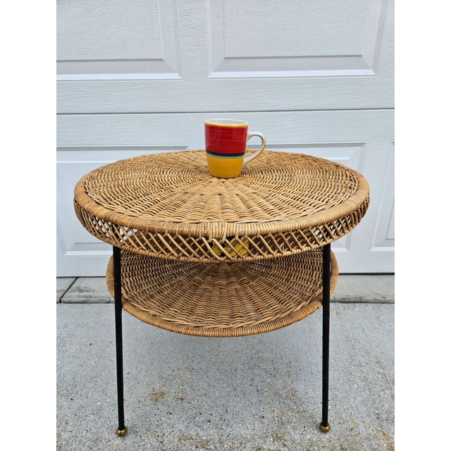 60s Round Wicker Rattan Side Table Brass Ball Feet For Sale - Image 14 of 14