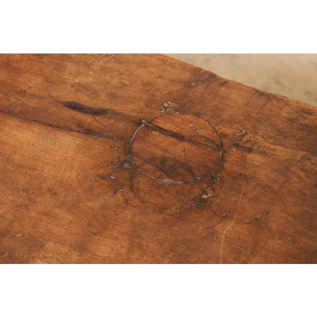 Wood Antique Spanish Wooden Coffee Table with Carved Lyre-Legs and Iron Stretchers For Sale - Image 7 of 13