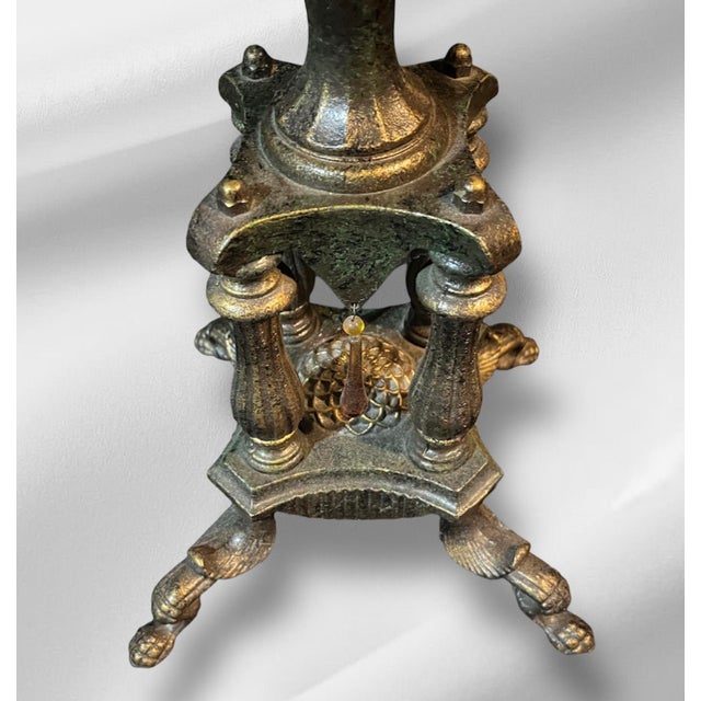 1910s Ornate Brass Bridge Lamp With Floral Shade For Sale - Image 12 of 15