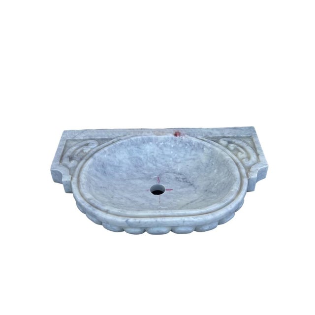 Mid-Century Modern Banswara White Marble Wall-Mounted Sink With Carved Detail For Sale - Image 3 of 6
