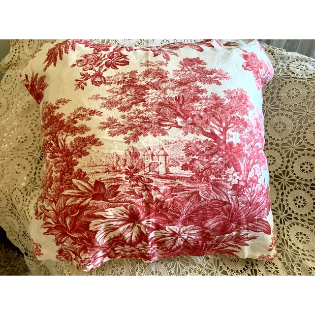 Pair Pottery Barn 2006 Matine Pillowsham Red Toile Floral Classic Traditional French Country Standard Size For Sale - Image 9 of 12