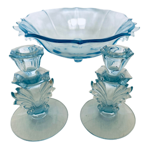 Fostoria "Baroque Blue" Bowl W/Matching Candle Holders-Set of 3