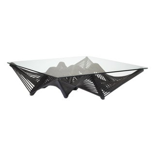Stained Lauan Wood Geometric Coffee Table With Glass Top, Dark Brown, Geo by Oggetti For Sale