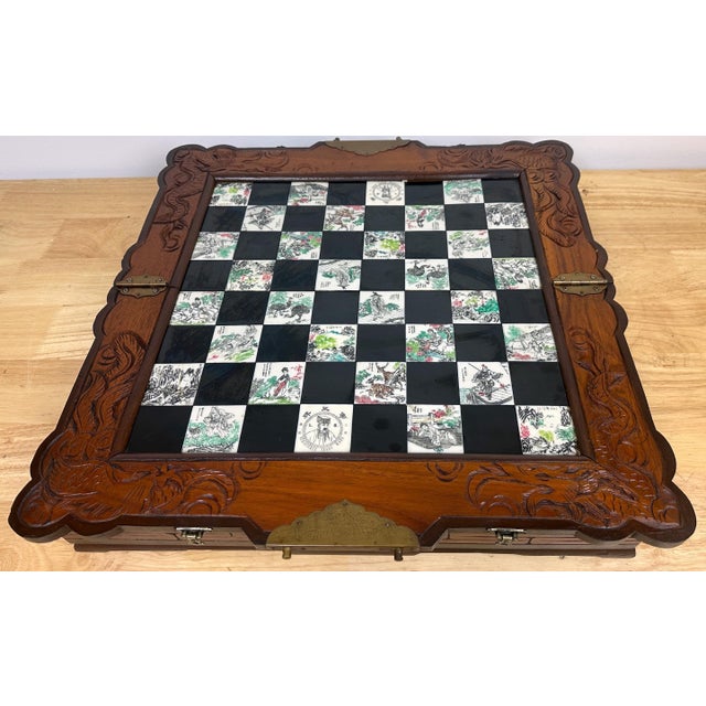 Chinese Chess Set with Immortals & Hardwood Campaign Lacquered Board For Sale - Image 11 of 12