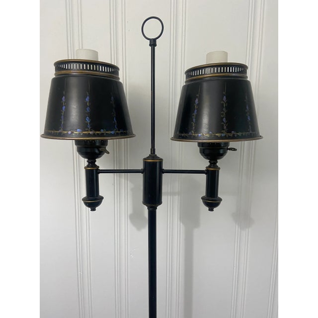 The most charming antique floor lamp in black metal Toleware with sweet blue flowers, hand painted on the original...
