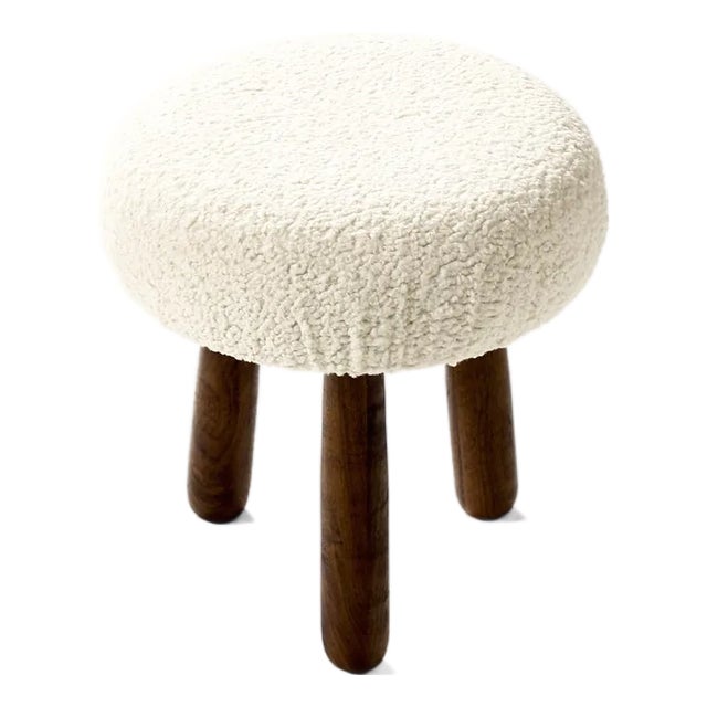 Custom Awassi Tripod Ottoman Footstool — Turned Walnut Legs — Pearl Bouclé For Sale