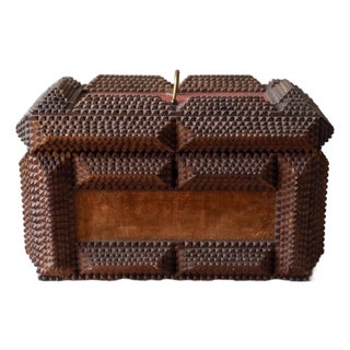 Antique Tramp Art Wooden Box, Hand Carved Folk Art Chest, Chip Carved Jewelry Box, Rustic Primitive Storage, Collectible Decor For Sale