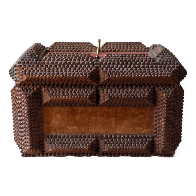 Antique Tramp Art Wooden Box, Hand Carved Folk Art Chest, Chip Carved Jewelry Box, Rustic Primitive Storage, Collectible Decor For Sale