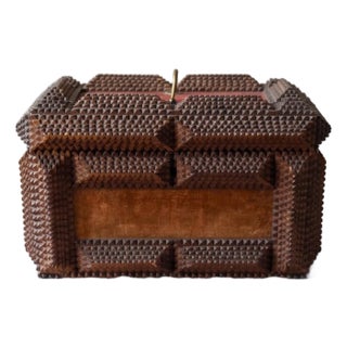 Hold Antique Tramp Art Wooden Box, Hand Carved Folk Art Chest, Chip Carved Jewelry Box, Rustic Primitive Storage, Collectible Decor For Sale