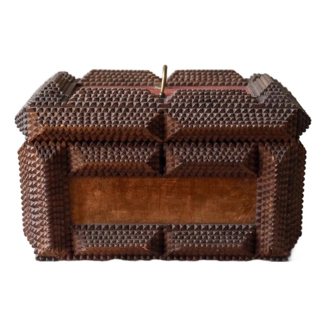Hold Antique Tramp Art Wooden Box, Hand Carved Folk Art Chest, Chip Carved Jewelry Box, Rustic Primitive Storage, Collectible Decor For Sale