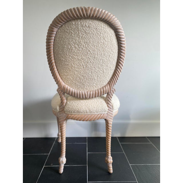 Set of Four Vintage Italian Carved Wood Rope Chairs Upholstered in White Boucle For Sale - Image 9 of 13