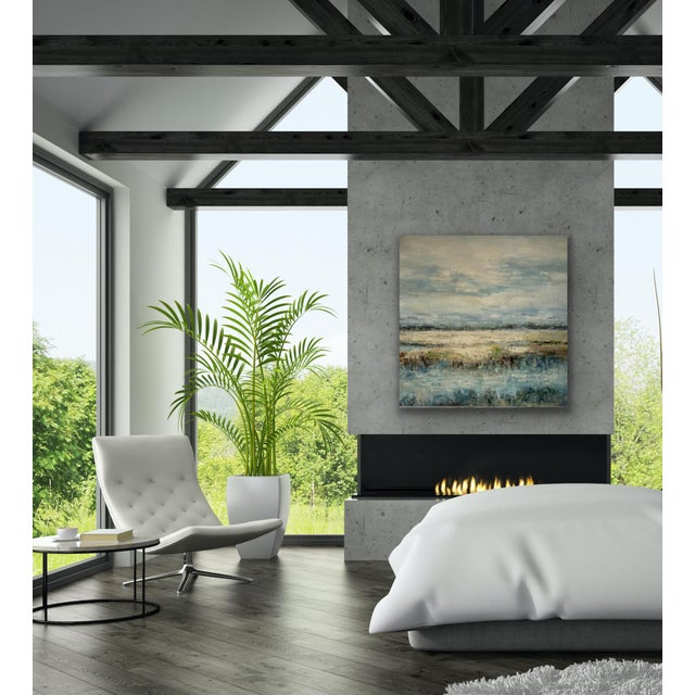 Abstract Neutral & Blue Coastal Wetlands Canvas - Original Acrylic Art For Sale - Image 3 of 9