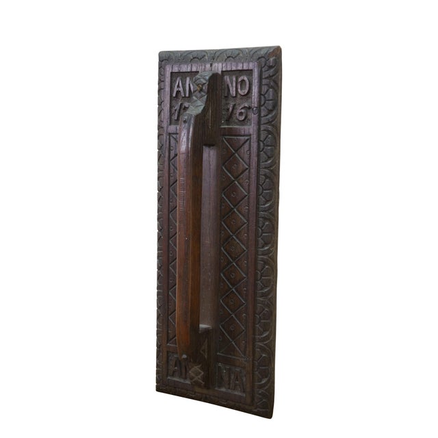 Rustic European Antique Folk Art Anno 1716 Geometric Carved Oak Door Handle Wall Plaque 19" For Sale - Image 3 of 11