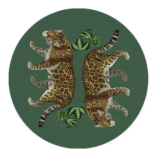 Nicolette Mayer Leopard Seeing Double Evergreen 16" Round Pebble Placemats, Set of 4 For Sale