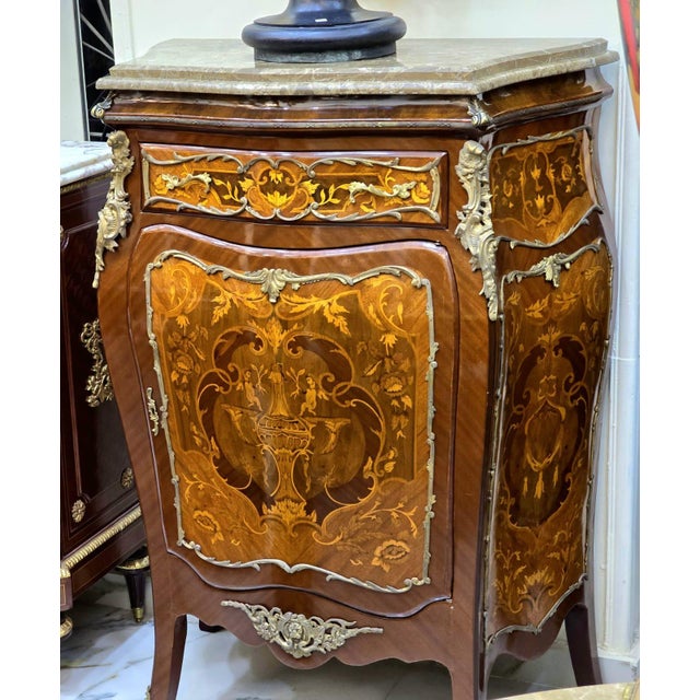 Wood Louis XVI Style Marble Top Commode Cabinet – Luxury Marquetry With Gold Leaf Details For Sale - Image 7 of 7