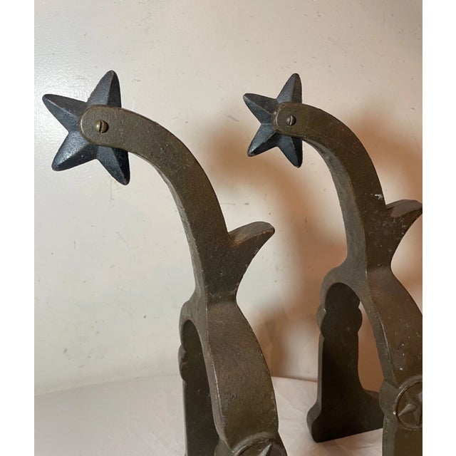 Figurative Pair Antique Bronze Patinated Cast Iron Stirrup Spur Western Cowboy Andirons For Sale - Image 3 of 12