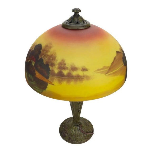 Glass Arts & Crafts Phoenix Scenic Reverse Painted Table Lamp Signed a & R C1920 For Sale - Image 7 of 11