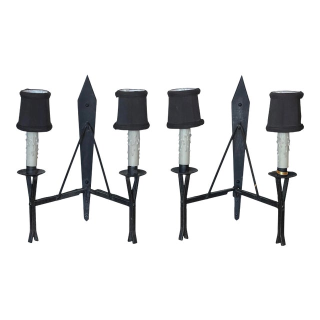 Vintage Giacometti Style Wrought Iron Wall Light Sconces - a Pair For Sale