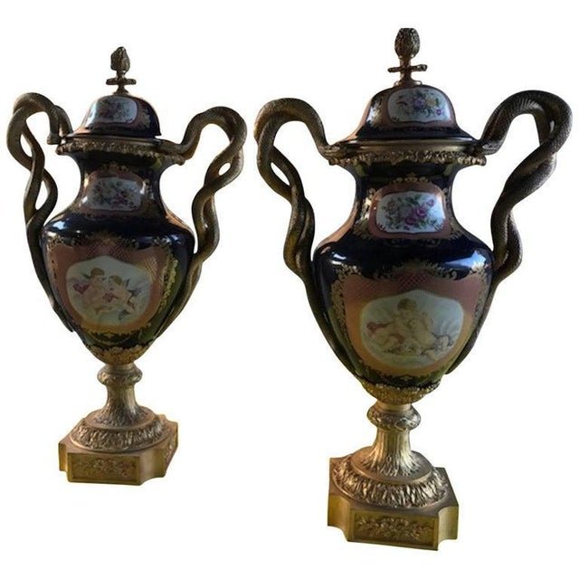 Metal 20th Century Sevres Style Porcelain & Ormolu Vases, Set of 2 For Sale - Image 7 of 7