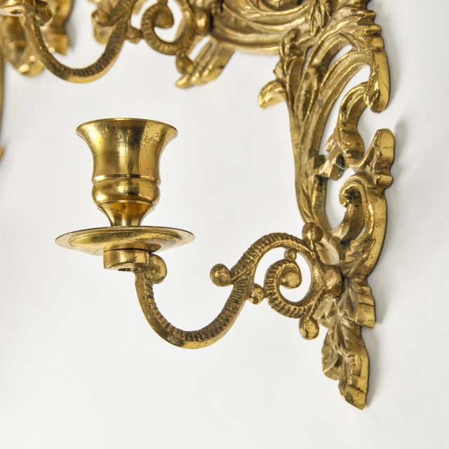 Mid 20th Century Vintage Solid Brass Ornate 5-Arm Wall Sconce Pair With Ribbon and Love Bird Motif For Sale - Image 5 of 15