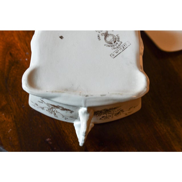 Antique 1889 Johnson Brothers England Sylvan Brown Transferware Sardine Box W Drainer | 3-Piece Lidded Butter Tub Tureen For Sale - Image 10 of 10