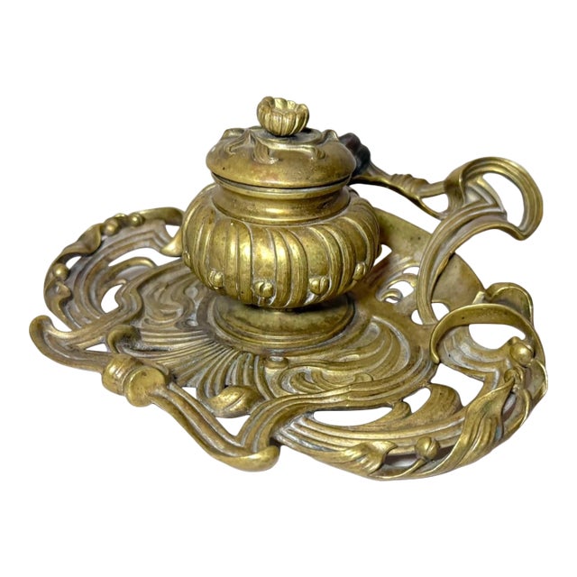 Antique Ornate 19th Century Art Nouveau Gilt Bronze Brass Desk Inkwell Stand Jar For Sale