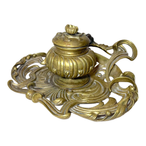 Antique Ornate 19th Century Art Nouveau Gilt Bronze Brass Desk Inkwell Stand Jar