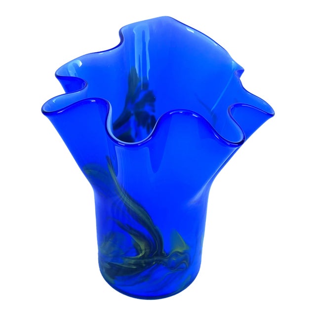 Vintage Blue Ruffled Murano Style Vase For Sale