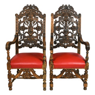 Antique Pair of Carved Walnut Jacobean Revival Throne Chairs With Red Leather Seats For Sale