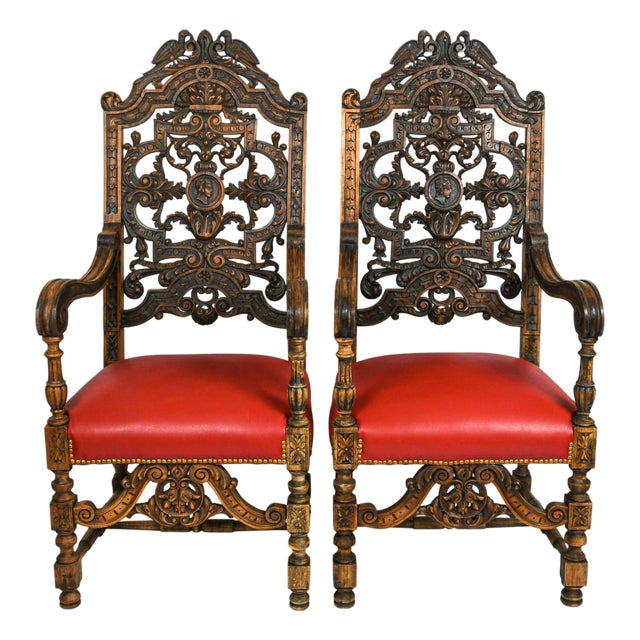 Antique Pair of Carved Walnut Jacobean Revival Throne Chairs With Red Leather Seats For Sale
