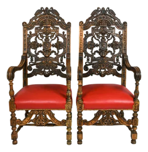 Antique Pair of Carved Walnut Jacobean Revival Throne Chairs With Red Leather Seats