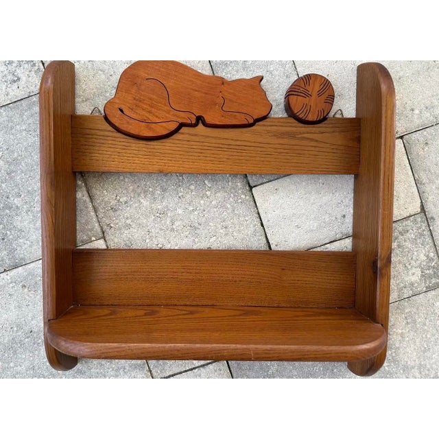 Vintage Mid-Late 20th Century Hand Crafted Oak Wall Shelf With Carved Cat For Sale - Image 4 of 10
