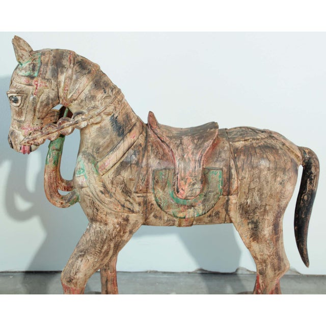 Brown Pair of Monumental Indian Polychrome Carved Wood Horses on Wheels, 19th C. For Sale - Image 8 of 17
