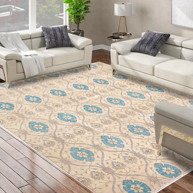 1980s Contemporary Ziegler Ivory Blue Hand-Knotted Wool Rug - 11'8'' X 14'11'' For Sale In New York - Image 6 of 8