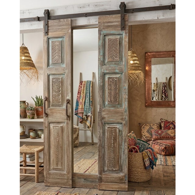 1920s Antique Blue Floral Carved Pantry Doors – Rustic Hand-Carved Double Doors, Hinged or Sliding 80 For Sale - Image 5 of 6