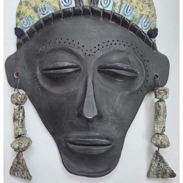 Contemporary 1986 Vintage Handmade Terracotta Fired Clay Wall Mask Decorative Signed Maria A. African Studio Pottery 80s For Sale - Image 3 of 15