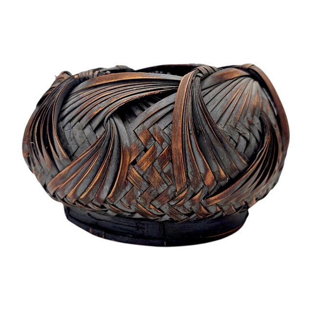 Japanese Japanese Showa Period Bamboo Ikebana Basket With Ajiro Weave 8" For Sale - Image 3 of 11