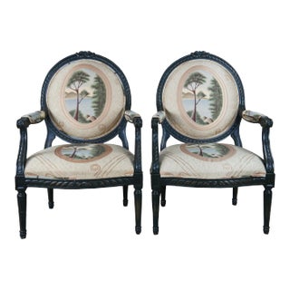 Mid 20th Century 2 Drexel Heritage French Louis XVI Fauteuil Balloon Back Neoclassical Arm Chairs - Set of 2 For Sale