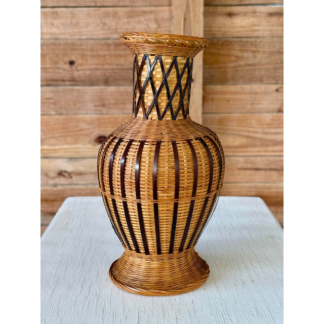 Mid 20th Century Vintage Boho Handmade Rattan & Ceramic Mixed-Material Vase For Sale - Image 5 of 11