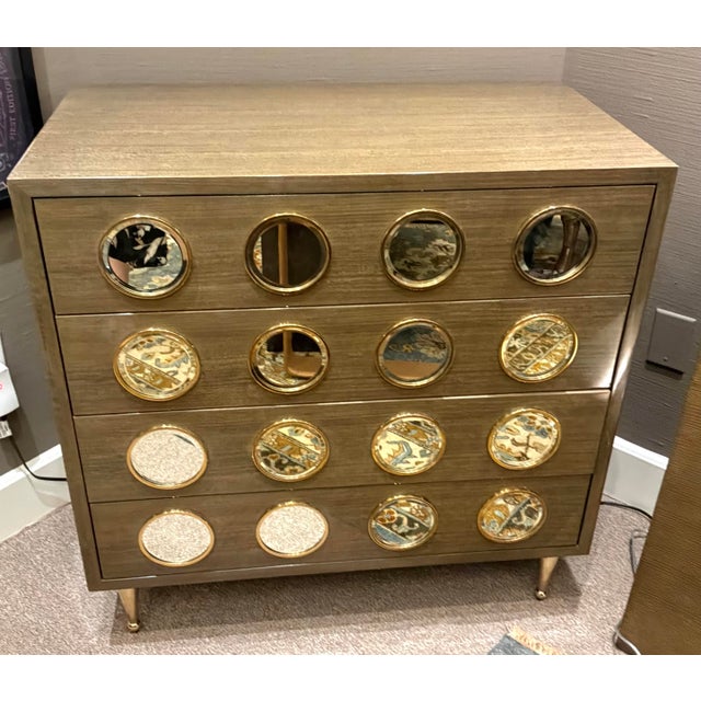 Original retail $5253, stylish Currey & Company Modern Taupe Lacquered Colette Chest of Drawers, four drawers lined with...