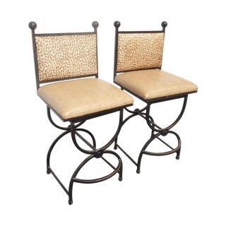Wrought Iron Swivel Bar Stools - A Pair For Sale
