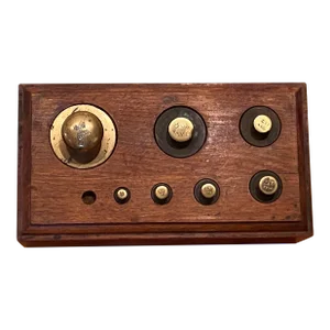 Late 19th Century Antique American Brass Balance Scale Graduated Size Weights With Original Mahogany Fitted Stand - 8 Piece Set