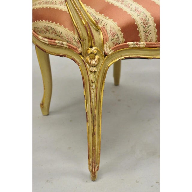 Antique French Louis XV Style Gold Giltwood Pink Stripe Fauteuil Arm Chair, Pair For Sale In Philadelphia - Image 6 of 18
