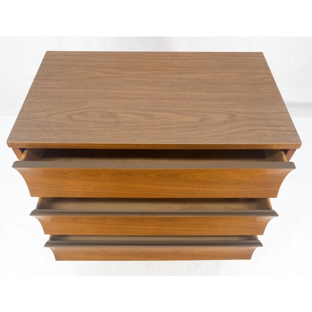 Compact 3 Drawer Walnut Concave Drawer Front Mid Century Bachelor Chest Dresser For Sale - Image 13 of 16