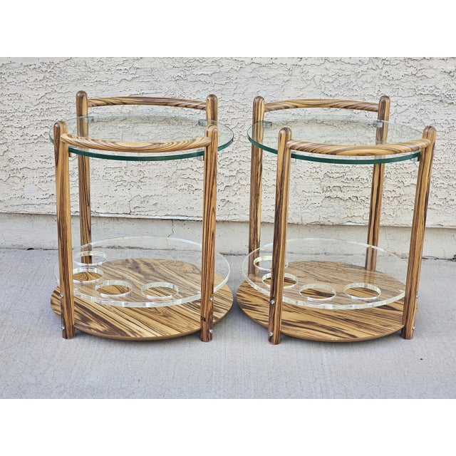 Pair of 1980s Zebrawood & Glass Two-Tier Side Tables / Bar Carts For Sale In Phoenix - Image 6 of 9