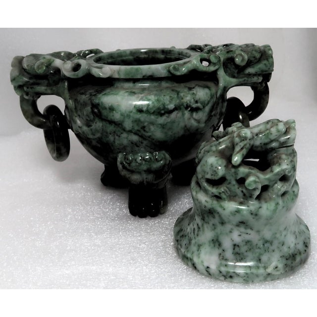 Gemstone Vintage Chinese Jade Incense Burner, Covered, With Tripod Feet, Foo Dog Finial and Dragon Head Loose Ring Handles For Sale - Image 7 of 16