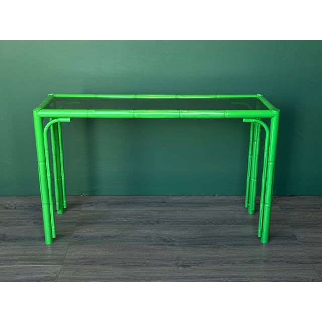 Late 20th Century Faux Bamboo High Gloss Green Lacquered Console For Sale - Image 4 of 16
